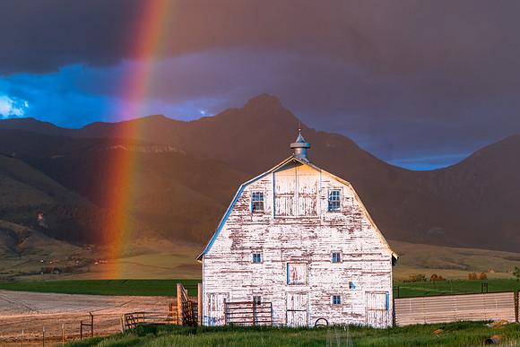 Bozeman, Montana barn during a sunset storm