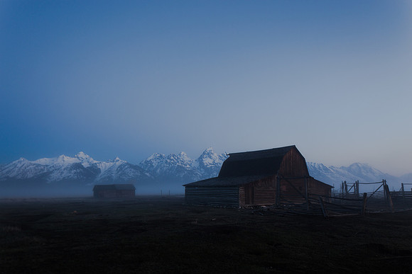 Mormon Row Barn with fog before sunrise